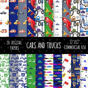 Cars Digital Paper Bundle, Cars and Trucks Digital Paper Pack,Police Cars Scrapbook Paper,  Commercial Use, 20, 12x12