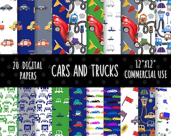 Cars Digital Paper Bundle, Cars and Trucks Digital Paper Pack,Police Cars Scrapbook Paper,  Commercial Use, 20, 12x12