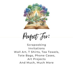 May include: An open book with a watercolor illustration of a path leading to a castle through a forest. The image includes text that says "Perfect For: Scrapbooking, Invitations, Wall Art, T Shirts, Tea Towels, Tote Bags, Phone Cases, Art Projects, And Much, Much More."