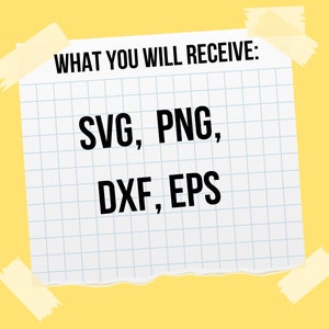 Peut inclure: Une feuille de papier blanche avec des lignes de quadrillage bleues, coll&eacute;e sur un fond jaune. Le papier porte le texte "WHAT YOU WILL RECEIVE:" en haut et le texte "SVG, PNG, DXF, EPS" en lettres noires.