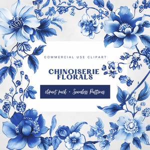 Chinoiserie vintage bloemen clipart png-bundel, blauwe porseleinen bloemkransen en randen, chinoiserie naadloze patronen, commercieel gebruik