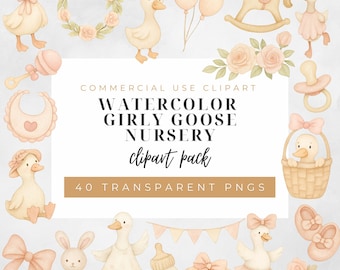 Clipart de ganso femenino en acuarela, PNG rosa ruborizado para guardería, paquete de gráficos para baby shower, uso comercial