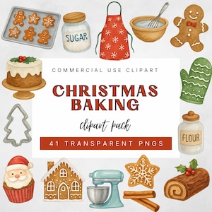 May include: Watercolor illustration of Christmas baking items. Includes gingerbread men, a cake, a Santa cupcake, a gingerbread house, a mixer, and other baking tools. The text "Christmas Baking clipart pack" is also included.