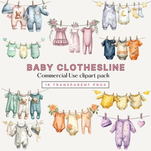 Puede incluir: Ilustración en acuarela de ropa de bebé colgada en tendederos. La imagen presenta varios conjuntos, incluyendo monos, vestidos y camisas, en colores pastel suaves. El texto "BABY CLOTHESLINE" y "Commercial Use clipart pack" también es visible.