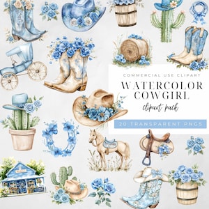 Clipart di una cowgirl con acquerello blu, 20 PNG di stivali western, cappelli, cavalli, fiori per scrapbooking, diari di scarto, artigianato e uso commerciale