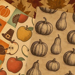 Puede incluir: Una colecci&oacute;n de papeles con tem&aacute;tica oto&ntilde;al con varios dise&ntilde;os. Un papel presenta un patr&oacute;n repetido de calabazas y calabacines en tono sepia. Otros papeles muestran ilustraciones coloridas de calabazas, manzanas y un sombrero de peregrino. El fondo incluye hojas de oto&ntilde;o.