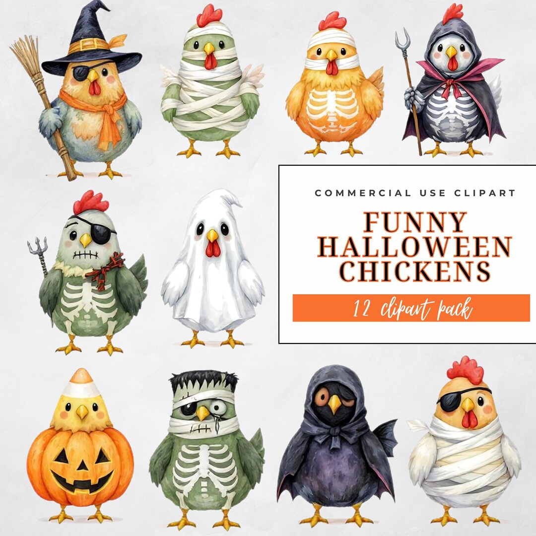 Funny Chicken Halloween Clipart Set: Spooky Autumn Pngs (commercial Use ...