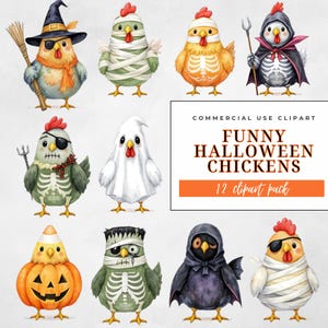 Może przedstawiać: Akwarelowe ilustracje dwunastu zabawnych kurczak&oacute;w na Halloween w r&oacute;żnych kostiumach. Kurczaki są przebrane za wiedźmę, mumię, szkielet, ducha i inne. Obraz zawiera tekst "FUNNY HALLOWEEN CHICKENS 12 clipart pack."
