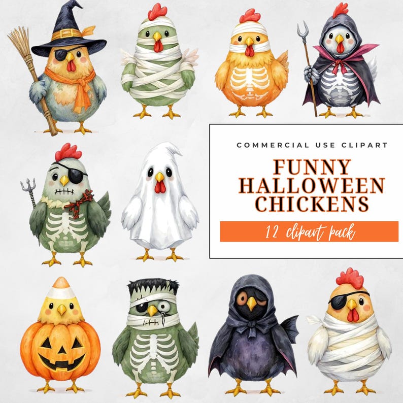 Może przedstawiać: Akwarelowe ilustracje dwunastu zabawnych kurczak&oacute;w na Halloween w r&oacute;żnych kostiumach. Kurczaki są przebrane za wiedźmę, mumię, szkielet, ducha i inne. Obraz zawiera tekst "FUNNY HALLOWEEN CHICKENS 12 clipart pack."