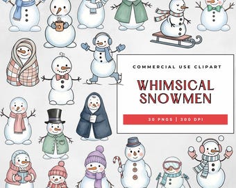 Paquete de imágenes prediseñadas de muñecos de nieve de acuarela, acogedores gráficos PNG de muñecos de nieve navideños de invierno, uso comercial