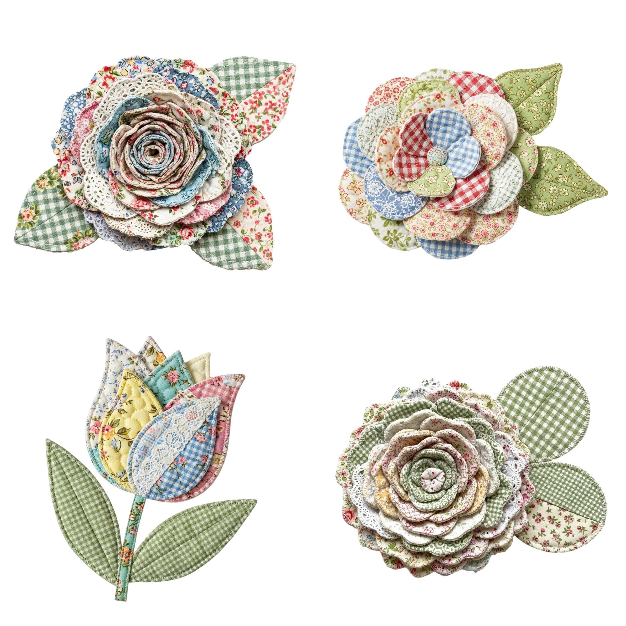 Patchwork Flower Clipart Bundle, Quilted Vintage Fabric Floral PNG ...