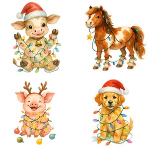 May include: A watercolour illustration featuring four festive animals: a cow, a horse, a pig, and a dog. Each animal is adorned with a Santa hat and wrapped in colourful Christmas lights. The cow has a bell.