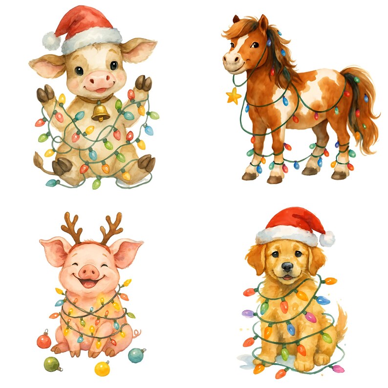 May include: A watercolour illustration featuring four festive animals: a cow, a horse, a pig, and a dog. Each animal is adorned with a Santa hat and wrapped in colourful Christmas lights. The cow has a bell.