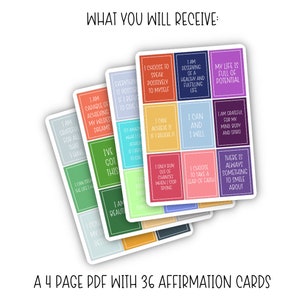 May include: A set of 36 affirmation cards in a PDF format. The cards are colorful and feature positive affirmations such as "I am capable of achieving my wildest dreams" and "I choose to speak positively to myself".
