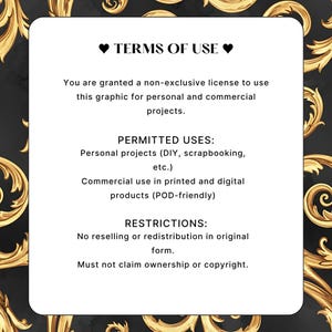 May include: A white rectangular graphic with the text "TERMS OF USE" and usage guidelines. The graphic is surrounded by a decorative gold border on a black background. The text details permitted uses and restrictions.
