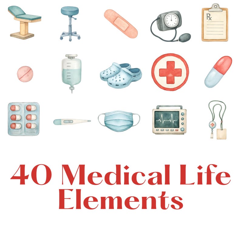 Puede incluir: Ilustraci&oacute;n en acuarela de elementos m&eacute;dicos, que incluyen una camilla, un taburete, una venda, un tensi&oacute;metro, una receta, una pastilla, una bolsa de goteo, zuecos, una cruz roja, una c&aacute;psula, un bl&iacute;ster, un term&oacute;metro, una mascarilla, un monitor card&iacute;aco y un cord&oacute;n. Texto: "40 Medical Life Elements."