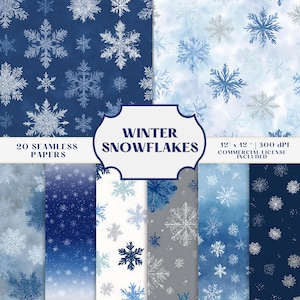 May include: A collection of 20 seamless winter snowflake papers in shades of blue and white. The image includes various snowflake designs on different backgrounds, with text that reads "Winter Snowflakes" and "12 x 12 - 300 DPI Commercial License Included."