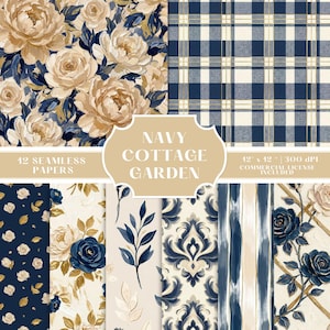 Puede incluir: Una colección de 12 papeles digitales sin costuras titulada Navy Cottage Garden, 12" x 12" | 300 dPI. Los patrones incluyen arreglos florales en beige y azul marino, cuadros azul marino y blanco con líneas doradas, damascos y rayas.
