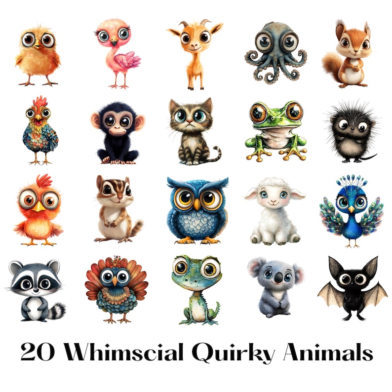 May include: A collection of 20 whimsical, quirky animal illustrations. The animals include a chick, flamingo, goat, octopus, squirrel, rooster, monkey, cat, frog, hedgehog, chick, chipmunk, owl, lamb, peacock, raccoon, turkey, lizard, koala, and bat.