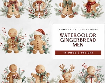 Wunderliche Aquarell Lebkuchen Mann Clipart Bundle, Weihnachtsferien Kunst Png Grafiken, kommerzielle Nutzung