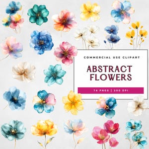 Abstract Flower Clipart Bundle, Watercolor Floral PNGs, 74 Transparent Flowers, Digital Download, Junk Journal, Paper Crafts, Commercial Use
