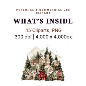 K&ouml;nnte beinhalten: Aquarell-Clipart-Bild mit einer Winterdorf-Szene mit schneebedeckten H&auml;usern, immergr&uuml;nen B&auml;umen und einem Berg im Hintergrund. Das Bild enth&auml;lt den Text "WHAT'S INSIDE" und Details zum Clip Art.