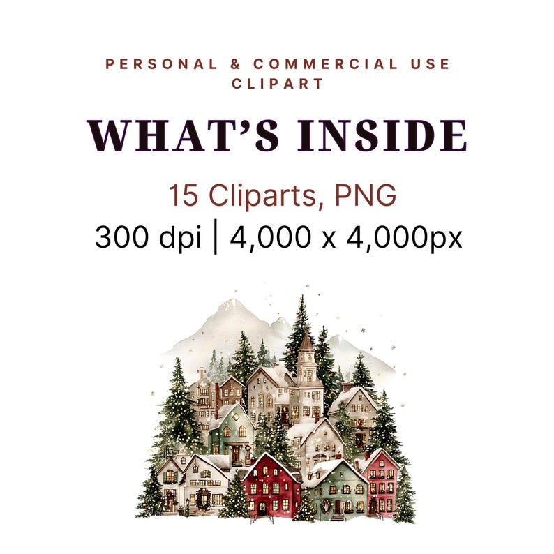 K&ouml;nnte beinhalten: Aquarell-Clipart-Bild mit einer Winterdorf-Szene mit schneebedeckten H&auml;usern, immergr&uuml;nen B&auml;umen und einem Berg im Hintergrund. Das Bild enth&auml;lt den Text "WHAT'S INSIDE" und Details zum Clip Art.