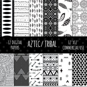 May include: Twelve digital papers with black and white Aztec and tribal patterns. The patterns include geometric shapes, arrows, feathers, and other designs. The papers are 12 inches by 12 inches and are for commercial use.