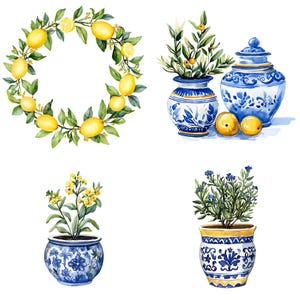 Puede incluir: Una ilustraci&oacute;n de acuarela de cuatro macetas de cer&aacute;mica azul y blanca con flores amarillas y limones. Las macetas tienen un dise&ntilde;o chino tradicional con patrones florales azules y blancos. Los limones est&aacute;n dispuestos en forma de corona.