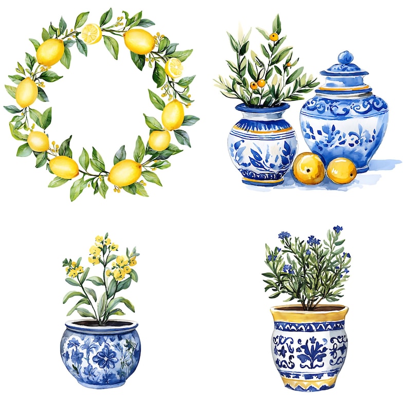 Puede incluir: Una ilustraci&oacute;n de acuarela de cuatro macetas de cer&aacute;mica azul y blanca con flores amarillas y limones. Las macetas tienen un dise&ntilde;o chino tradicional con patrones florales azules y blancos. Los limones est&aacute;n dispuestos en forma de corona.