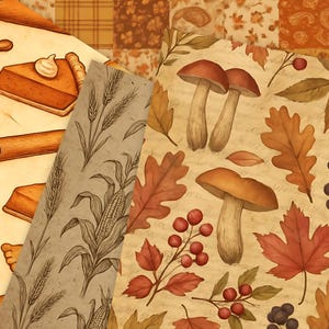Puede incluir: Un collage de dise&ntilde;os de papel con tem&aacute;tica oto&ntilde;al. Uno presenta rebanadas de pastel de calabaza, otro tiene ilustraciones de trigo y ma&iacute;z, y los otros muestran setas, hojas y bayas en tonos c&aacute;lidos. Los papeles tienen una est&eacute;tica vintage y r&uacute;stica.