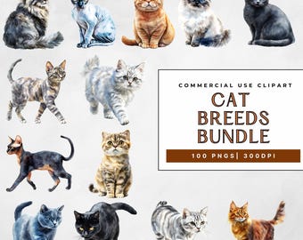 100 Cat Breeds Clipart Bundle PNG, Realistic Watercolor Cat Illustrations, Pet Breed Graphics, Cat Sublimation Clip Art, Commercial Use