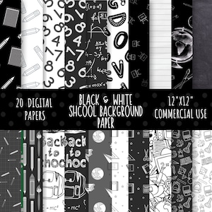 Paquete de papel digital de regreso a la escuela, paquete de papel digital de la escuela, papel de álbum de recortes escolar, papel escolar en blanco y negro, uso comercial, 23, 12x12