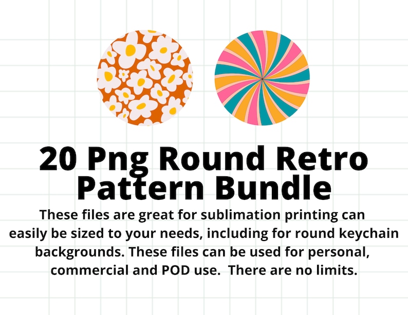 May include: A set of 20 round retro pattern PNG files. The patterns include a swirl design in pink, orange, and blue and a floral pattern with white flowers on an orange background. These files are great for sublimation printing and can be easily sized to your needs.