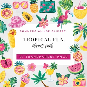 May include: A set of 61 tropical themed clipart images. The images include a flamingo, pineapple, palm trees, watermelon, sunglasses, a camera, a cocktail, a beach bag, and more. The images are in a bright, colorful style and are perfect for adding a touch of tropical fun to your projects.