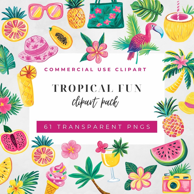 May include: A set of 61 tropical themed clipart images. The images include a flamingo, pineapple, palm trees, watermelon, sunglasses, a camera, a cocktail, a beach bag, and more. The images are in a bright, colorful style and are perfect for adding a touch of tropical fun to your projects.