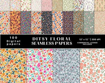 100 Seamless Ditsy Floral Patterns, Vintage Seamless Small Flower Prints Backgrounds, Scrapbook Paper, Commercial Use