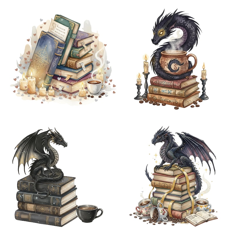 May include: Watercolor illustrations of fantasy scenes. One shows a stack of books with a cup of coffee and candles. Another depicts a dragon coiled around a coffee cup atop books. Other images show dragons on book stacks.