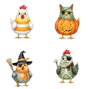 Może przedstawiać: Akwarelowe ilustracje czterech kurczak&oacute;w w kostiumach na Halloween. Jeden kurczak jest przebrany za pirata, drugi za czarownicę, trzeci za dynię, a ostatni to zwykły kurczak.