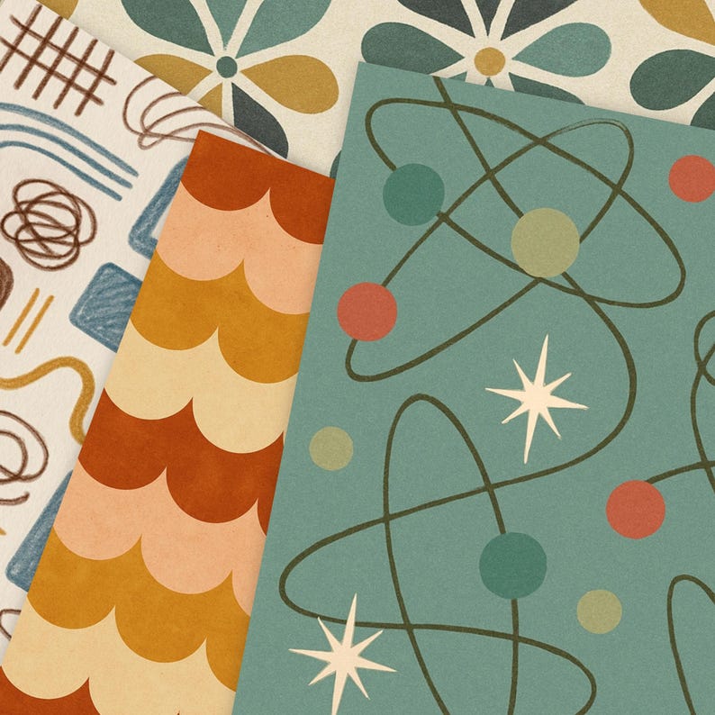 Retro Atomic Digital Paper Bundle: 1950s Mid-century Patterns ...