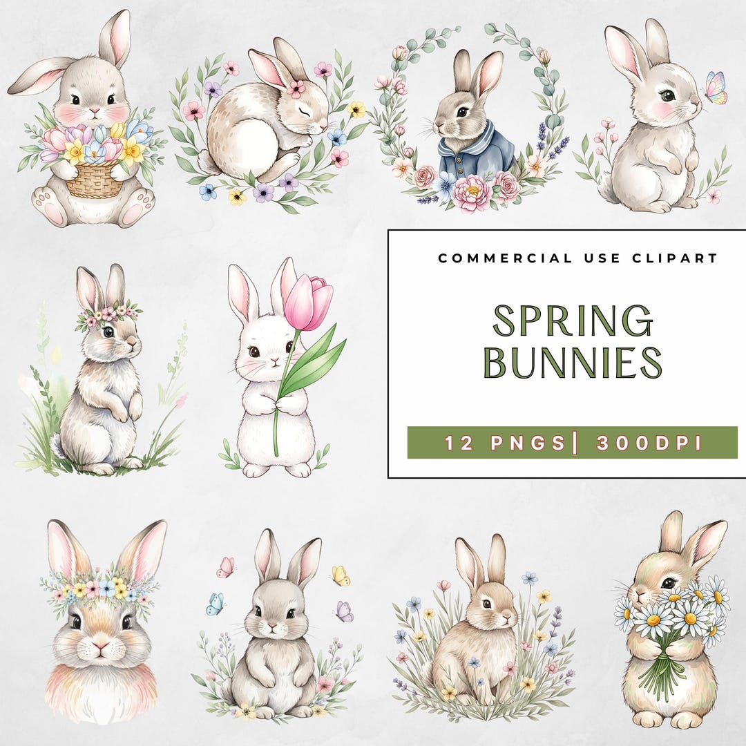 Spring Bunnies Watercolor Clipart Bundle, Floral Easter Bunny Pngs ...