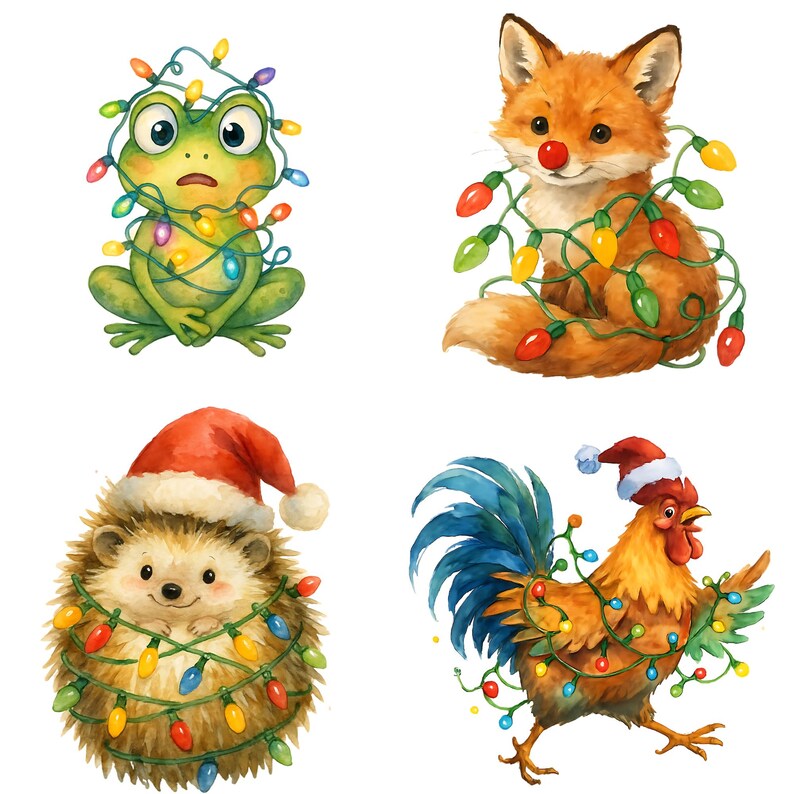 May include: A set of watercolour illustrations featuring a frog, fox, hedgehog, and rooster, each decorated with Christmas lights. The fox has a red nose, and the hedgehog and rooster are wearing Santa hats.