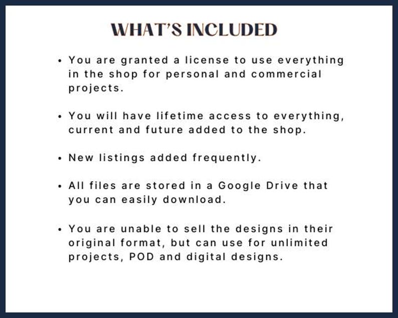 以下が含まれることがあります： 白い背景に、濃い茶色のフォントで「WHAT'S INCLUDED」と書かれています。テキストには、個人用および商用プロジェクトのライセンス、生涯アクセスなど、デジタルデザインの使用条件が記載されています。