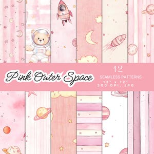 Rosa Aquarell Weltraum Digitales Nahtloses Papier Bündel, Astronaut, niedliche Geburtstagsmuster Sublimation und Stoffe Drucke, Kommerzielle Nutzung