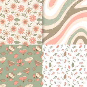 May include: Four different seamless patterns featuring floral and leaf designs. The patterns are in shades of pink, brown, green, and white.