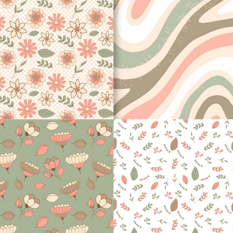 May include: Four different seamless patterns featuring floral and leaf designs. The patterns are in shades of pink, brown, green, and white.