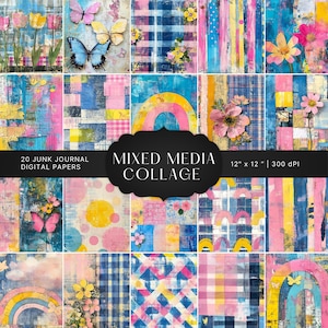 Mixed Media Abstrakt Floral Digital Papier, Hintergründe rosa, blau, gelb Schmetterling, Regenbogen, Collage druckbare Sammelalbum, kommerzielle Nutzung