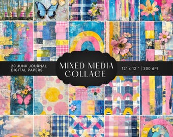 Puede incluir: Un collage digital de 20 papeles mixtos con patrones coloridos, mariposas, arcoíris y flores. Los papeles miden 30,5 cm x 30,5 cm y 300 dpi.