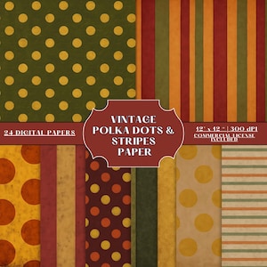 Può includere: Una collezione di carte digitali vintage con pois e strisce in vari colori. Le carte includono disegni con strisce verdi, arancioni e bordeaux, e pois gialli e arancioni. Il testo sull'immagine recita "Vintage Polka Dots & Stripes Paper".
