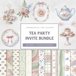 May include: Watercolor tea party invite bundle with floral illustrations, a teapot, desserts, and patterned backgrounds. The text reads "TEA PARTY INVITE BUNDLE" with "98 PNGS - 12 BACKGROUNDS". Perfect for creating invitations and party decorations.